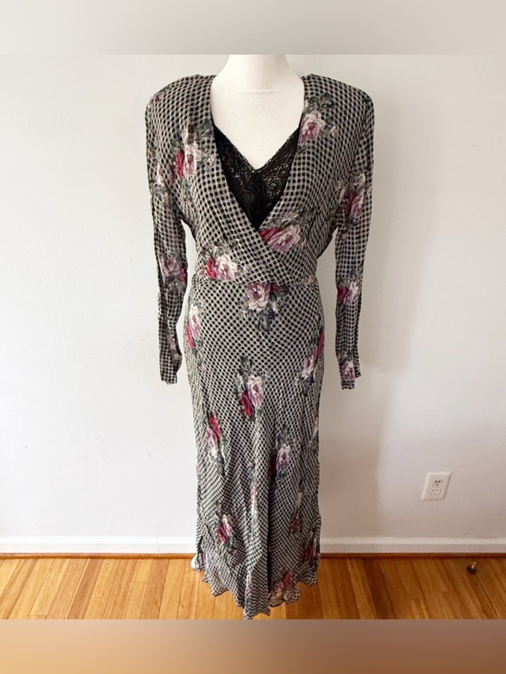 Vintage Women 80s 90s Plaid Floral Sheer Lace Long Sleeve Maxi Dress Large